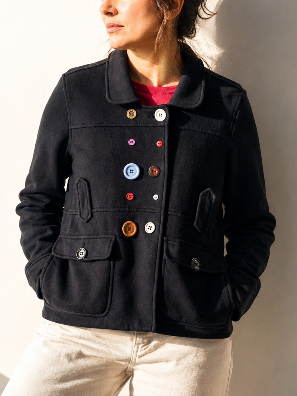 Joe Fresh Black Button Art Jacket Pink Lining Size L Unique Statement Coat